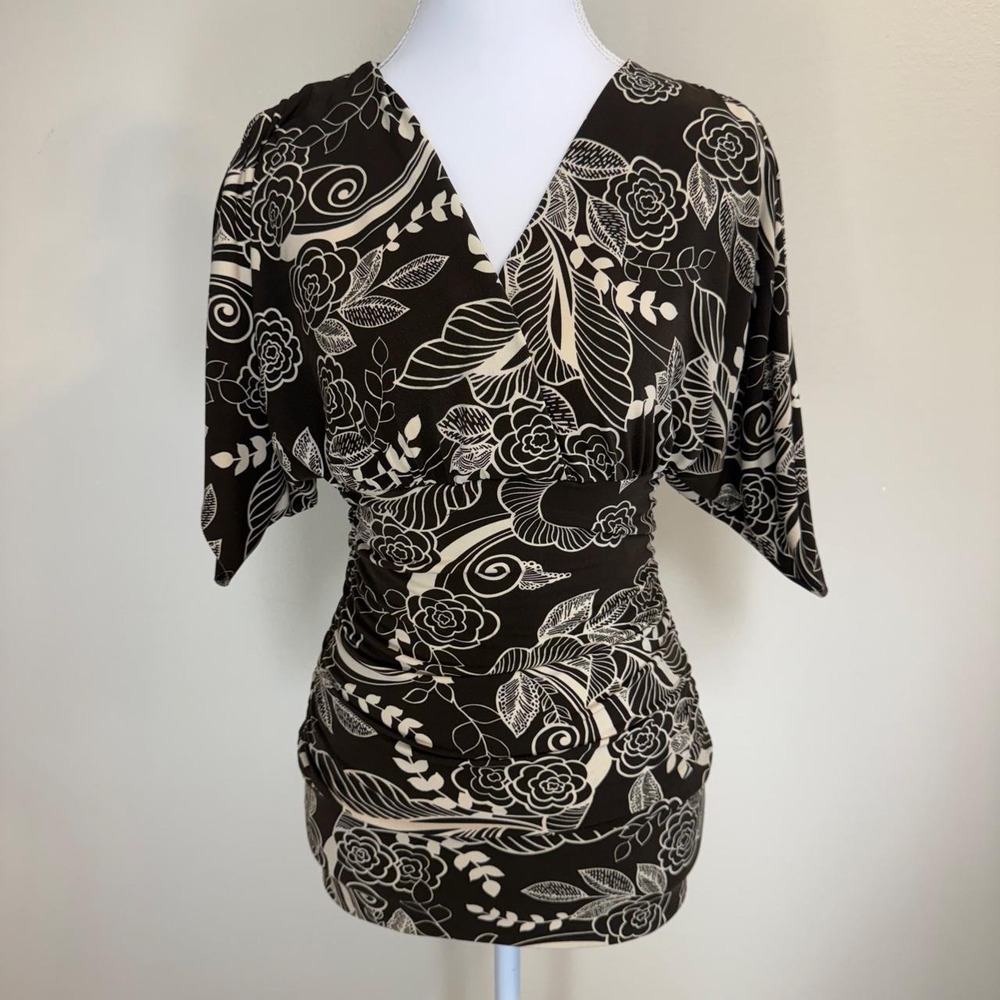 VTG Rampage Brown Ruched V-Neck Cinched Waist Blouse Kimono Sleeves Womens S
